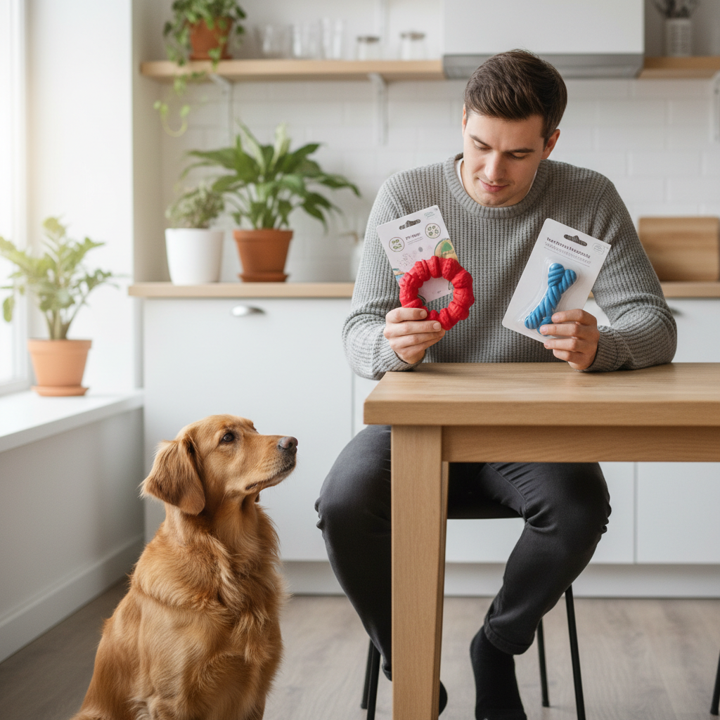 Owner comparing safe pet toys labels and materials at home