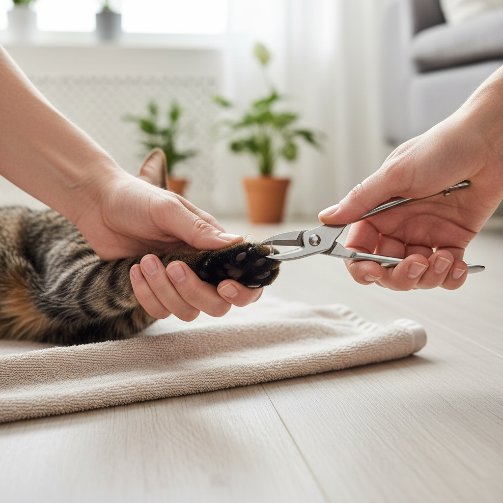 Close-up of safe cat nail trimming showing clipper position at the nail tip