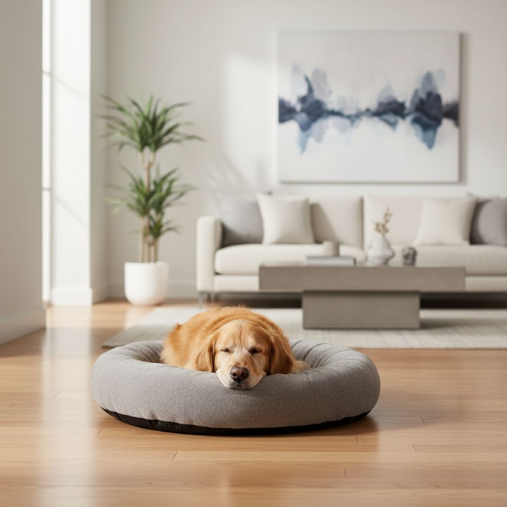 Dog bed placement on hard flooring away from clutter to support tick and flea prevention at home