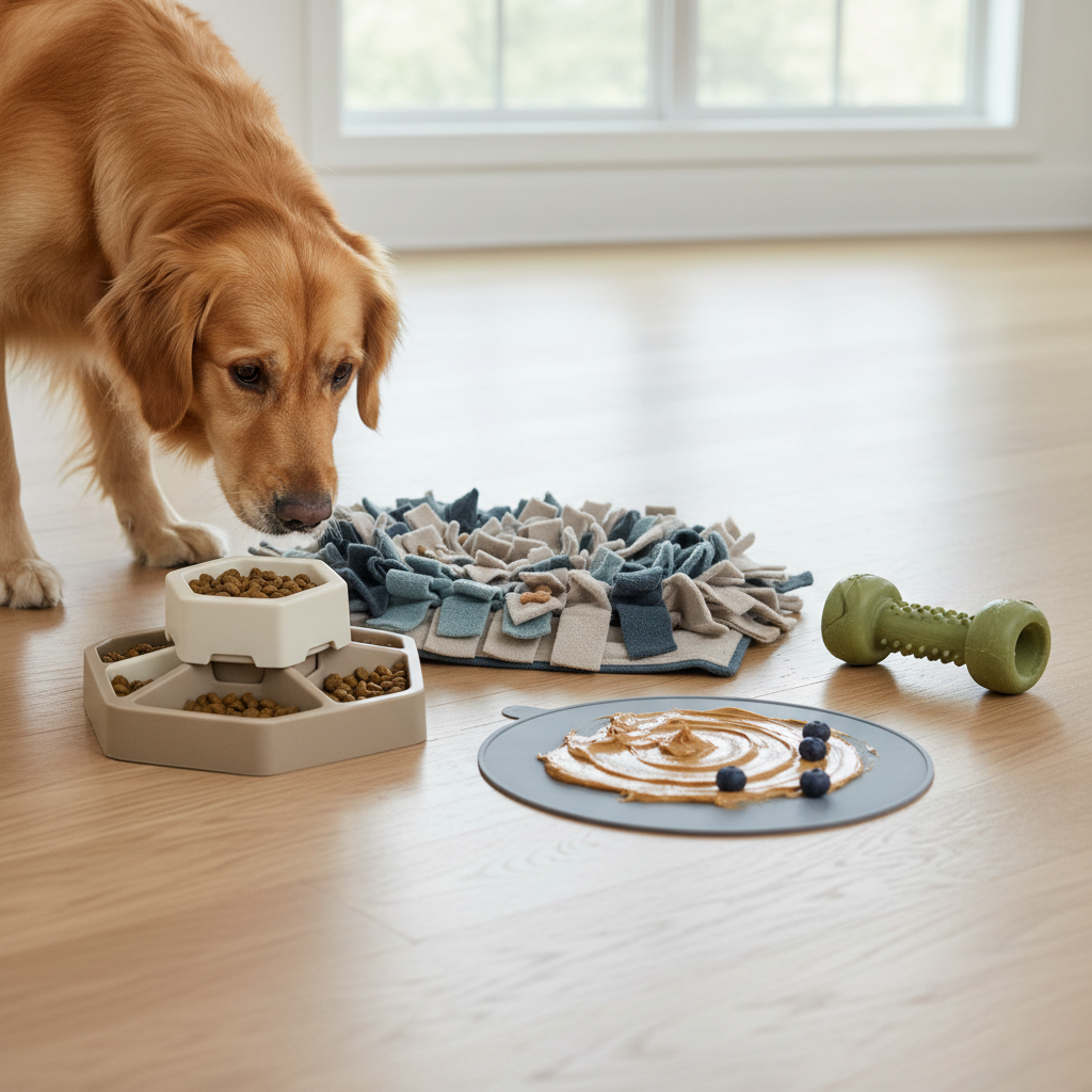 Enrichment toys and puzzle feeders to prevent boredom barking