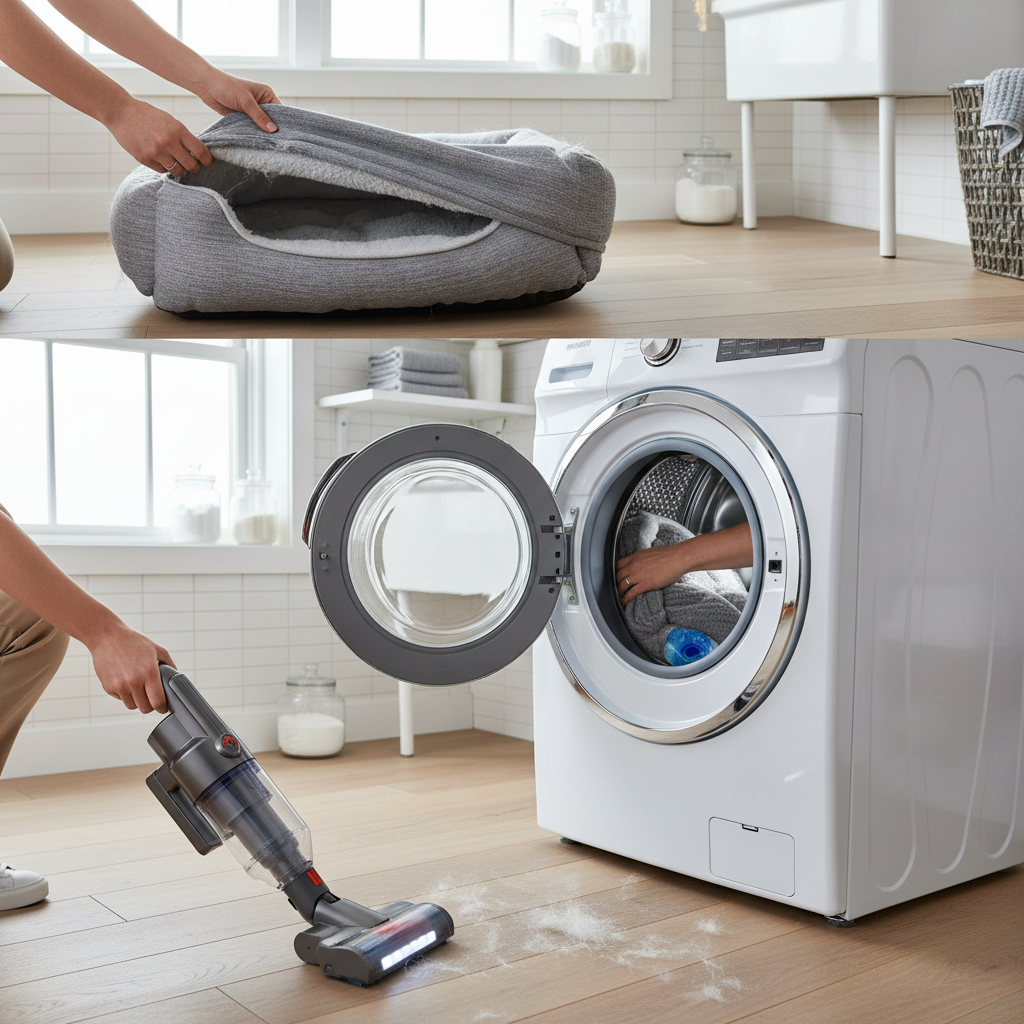 Weekly dog bed cleaning routine with vacuuming and washing to prevent fleas in the house