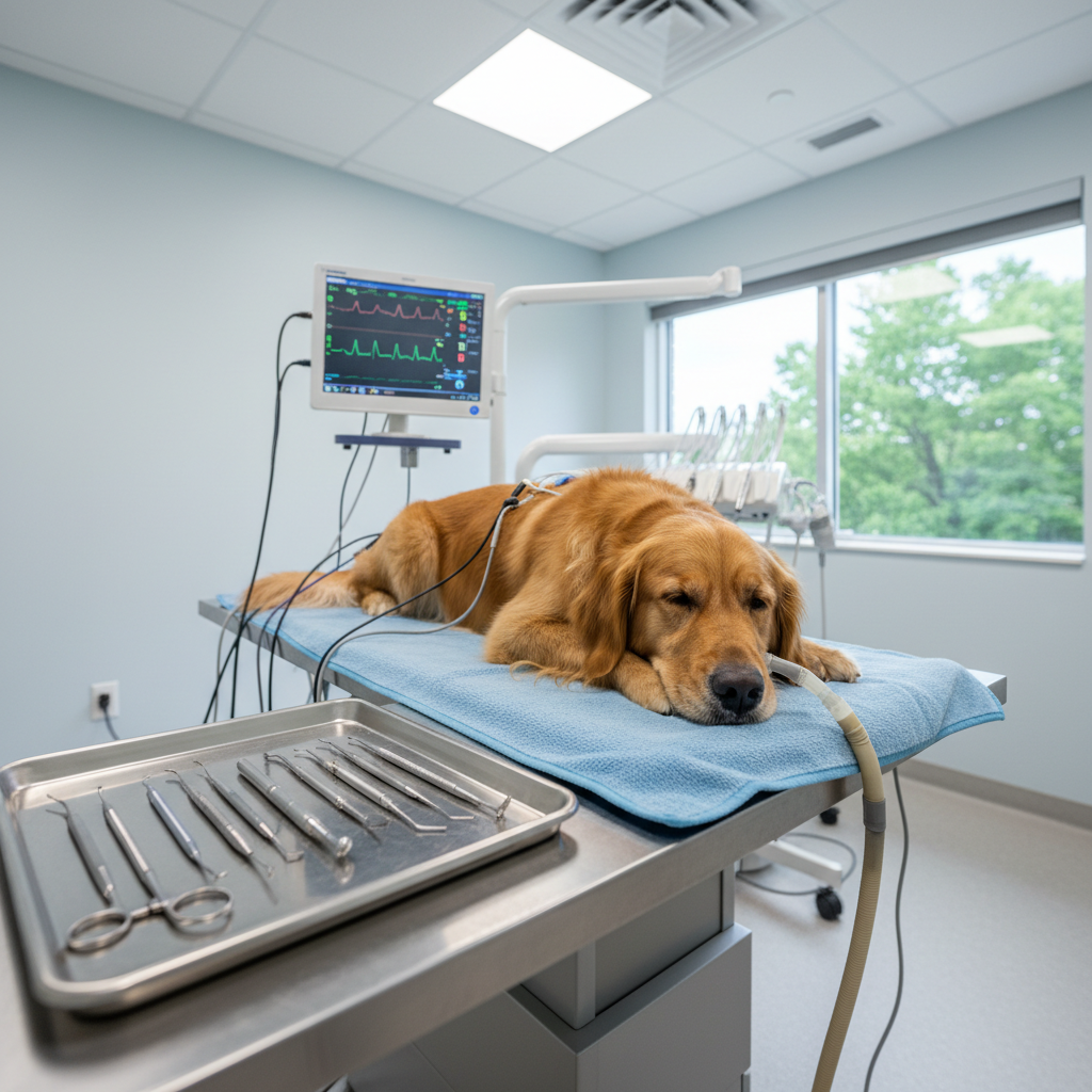 Veterinary dental cleaning setup for a dog with monitoring equipment in a clinic