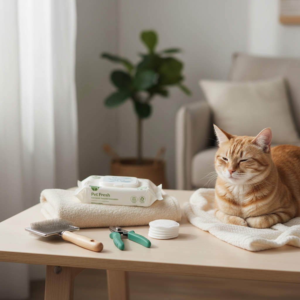 At-home cat grooming setup with brush, nail trimmer, and towel