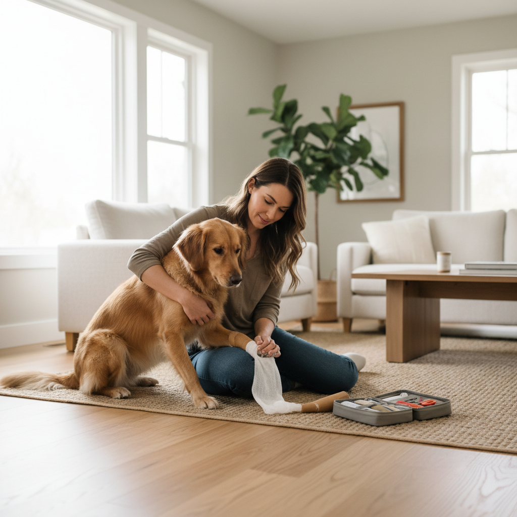 Pet emergency care at home showing calm handling and bandaging a paw