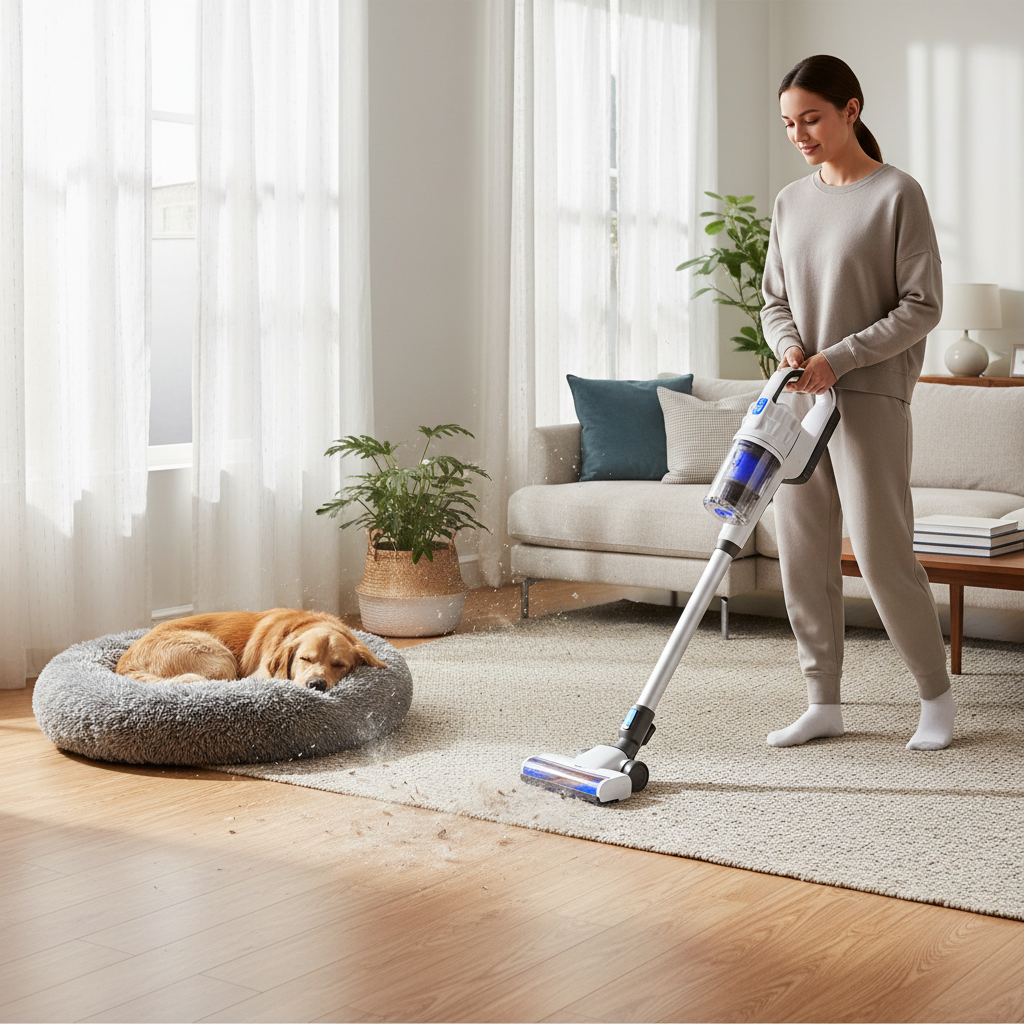 HEPA vacuum cleaning pet hair from a living room rug