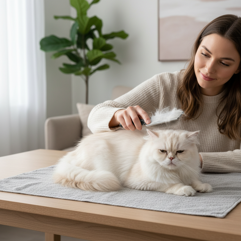 Brushing long-haired cat at home to prevent mats and reduce shedding