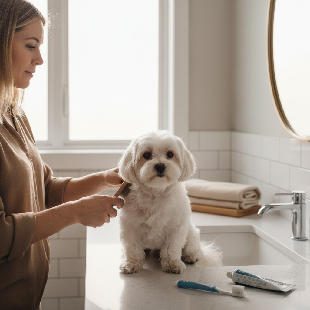 Dog hygiene routine at home including brushing and dental care