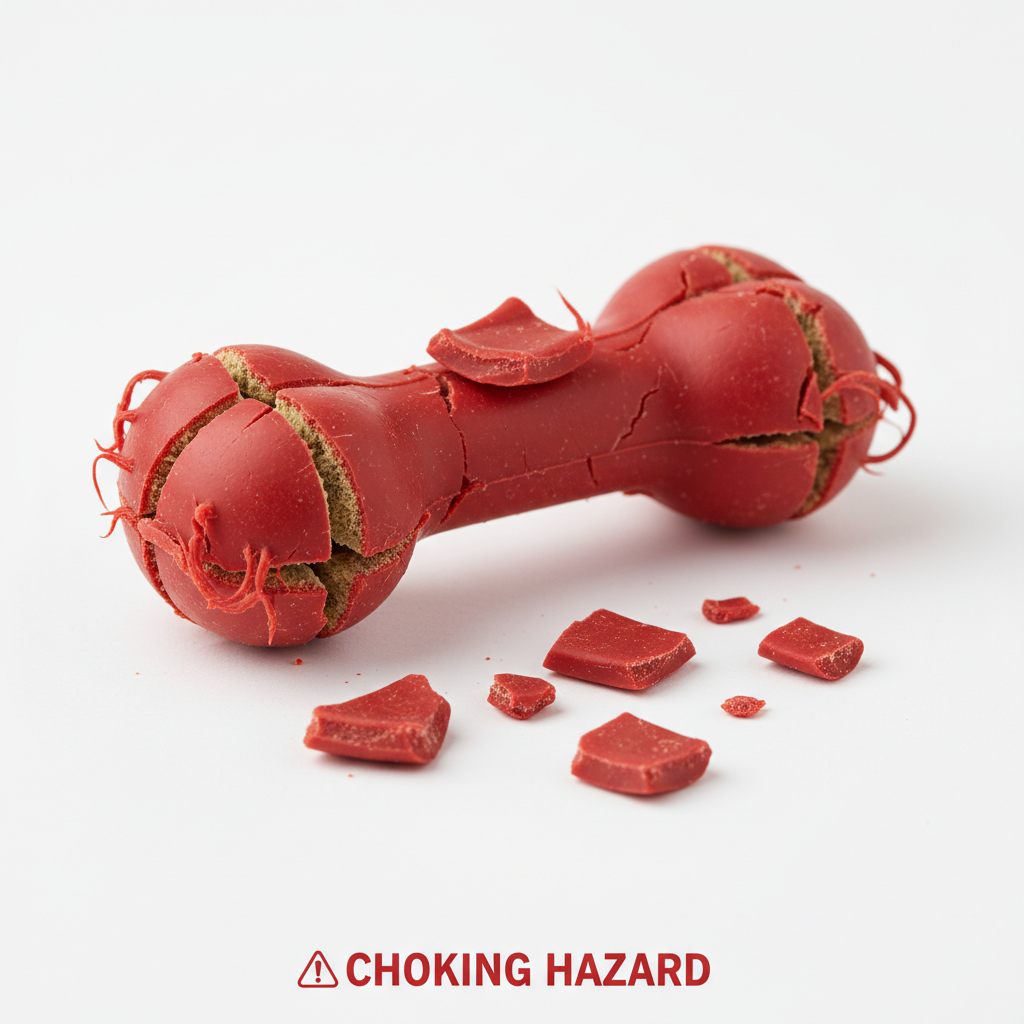Close-up of chewed dog toy showing cracks and small broken pieces