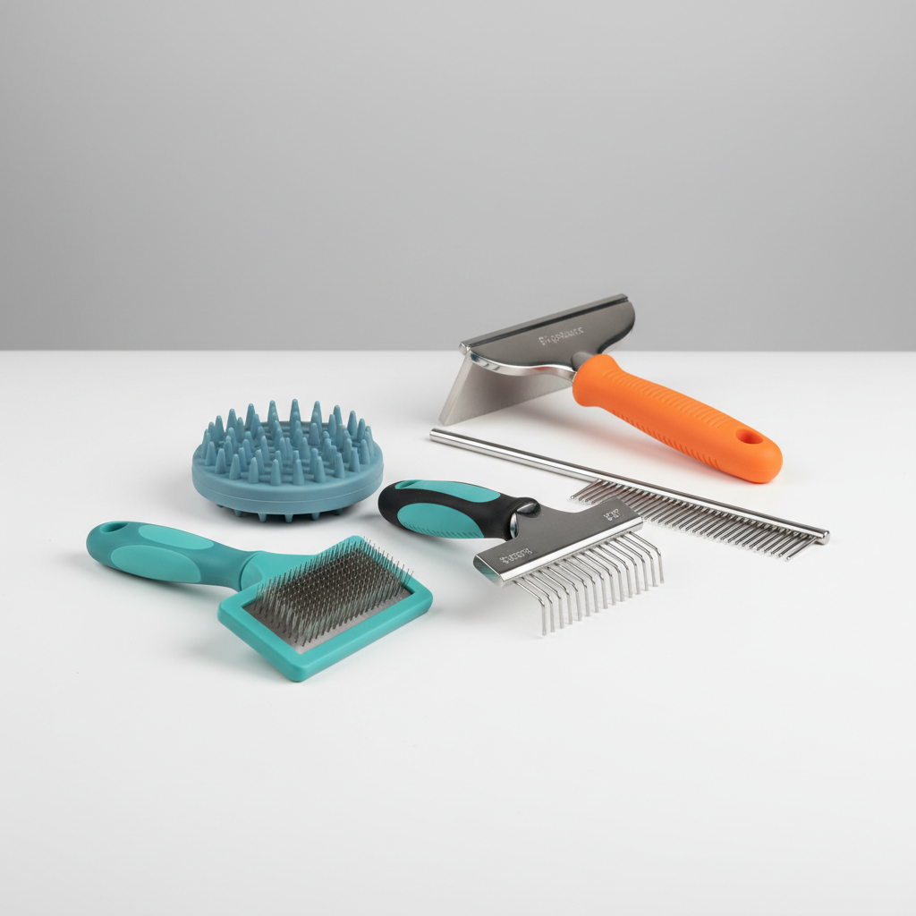 Different pet grooming brushes for shedding control on a clean table