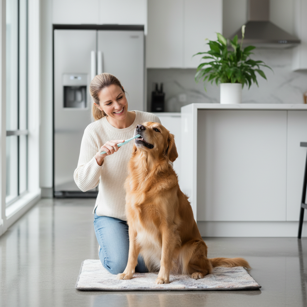 Owner gently brushing a dog’s teeth at home for pet dental hygiene