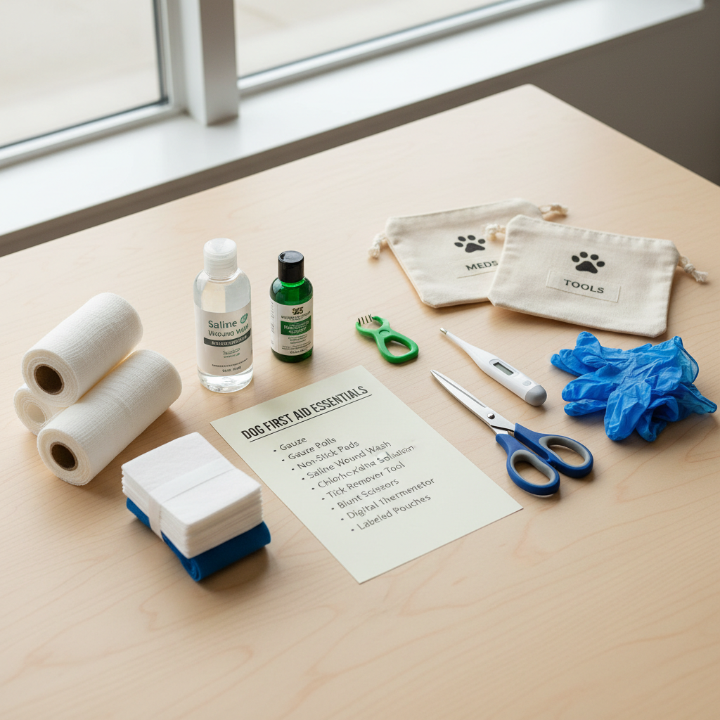 Dog first aid kit checklist items including gauze saline wrap and tick tool