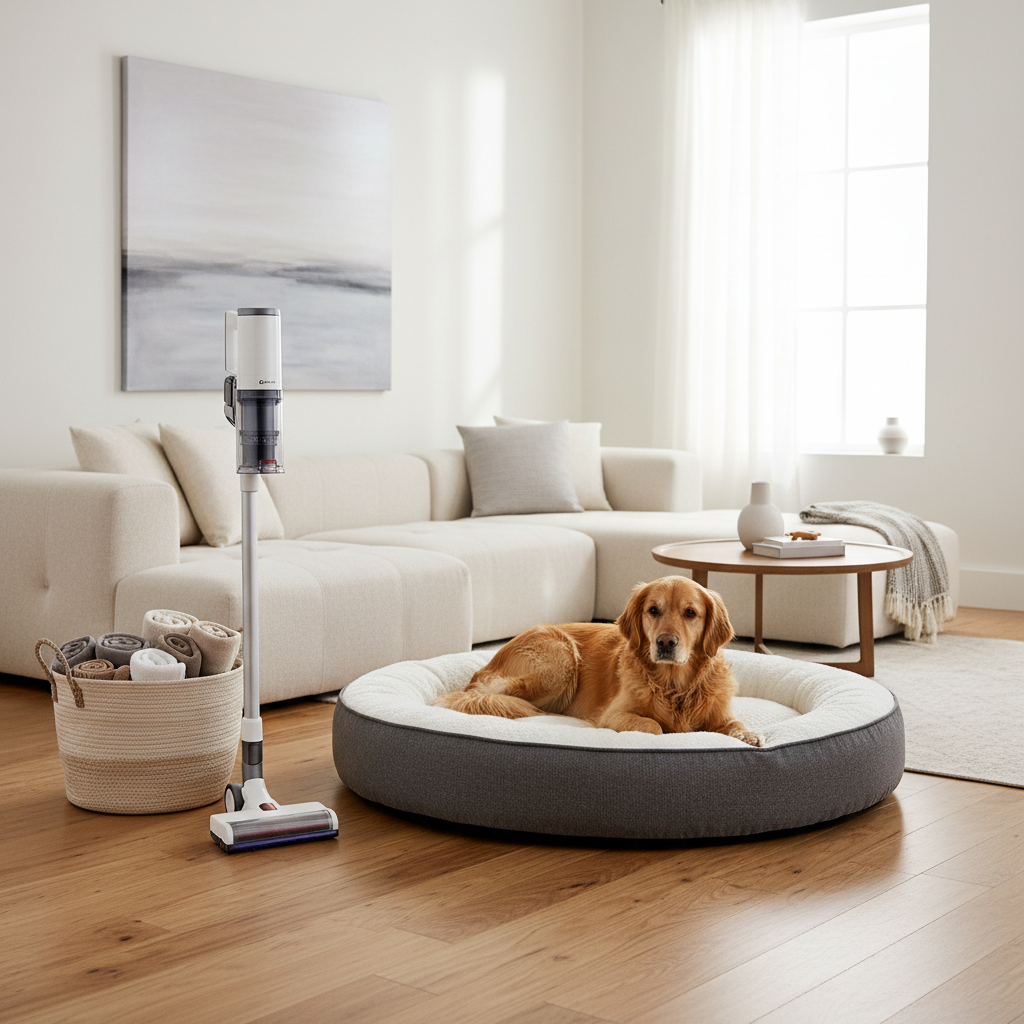Washable dog bed setup in a clean living room for flea and tick prevention routines