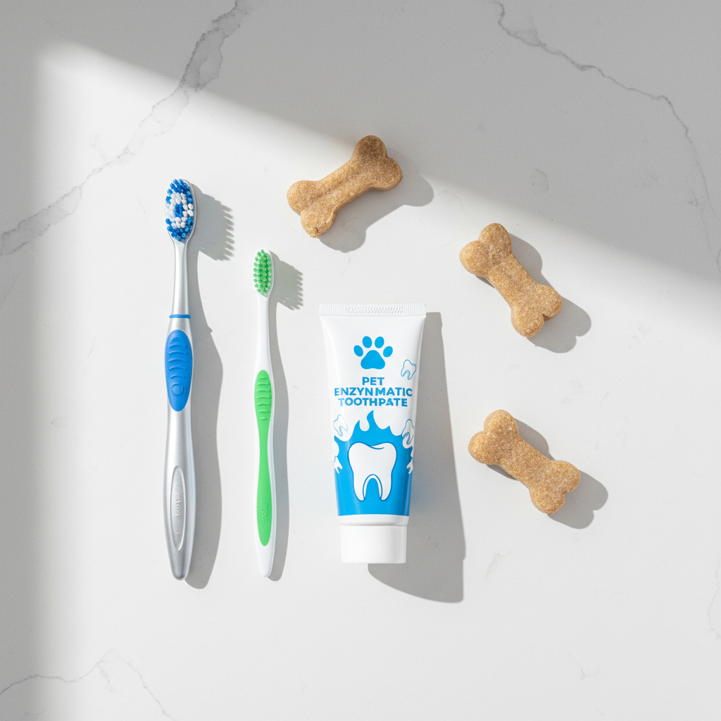 Pet dental care tools: pet toothbrush, enzymatic toothpaste, and dental chews on a clean counter