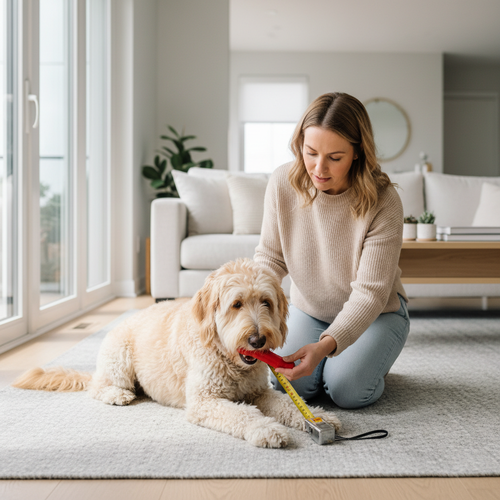 Dog chewing a durable rubber toy while owner checks size and safety