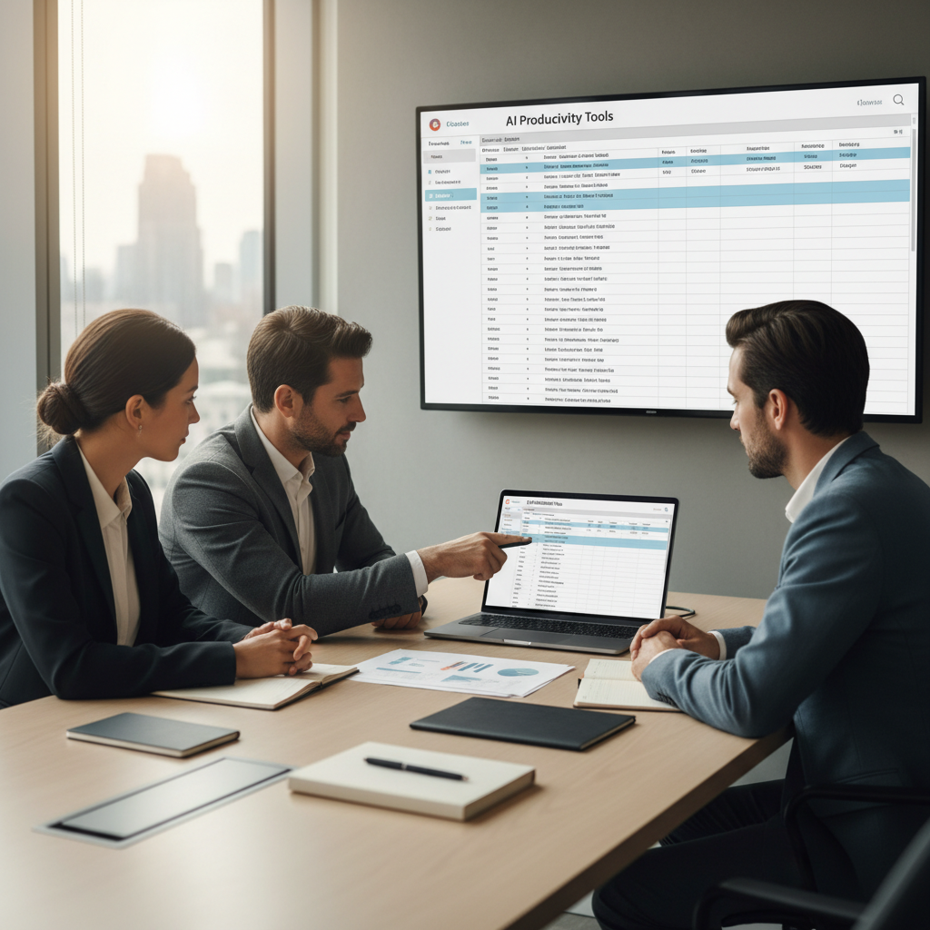 Team evaluating AI productivity tools on a laptop in a modern US office
