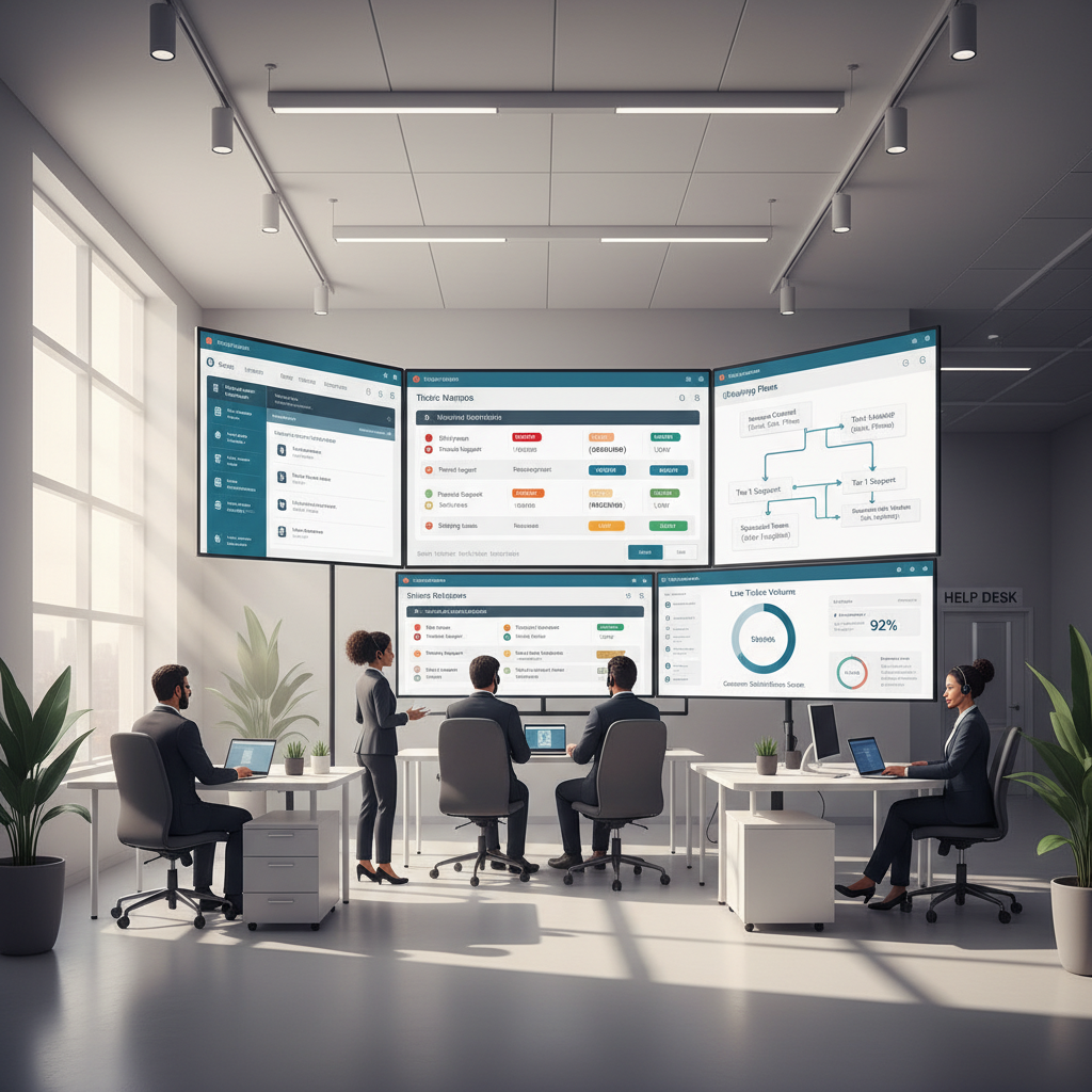 Support team triaging customer requests with automation dashboards