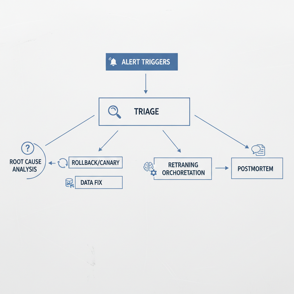Incident response workflow for MLOps with alert triage, rollback, and retraining steps