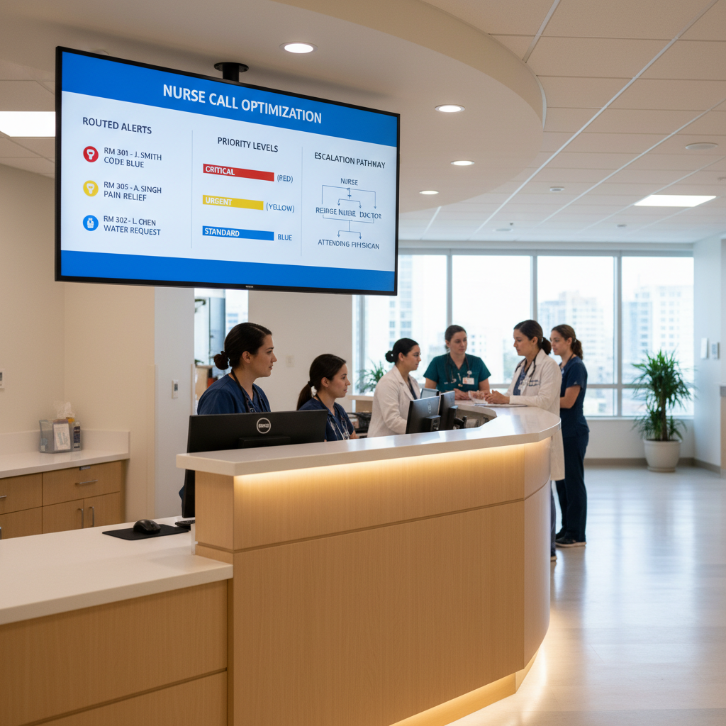Nurse call optimization dashboard showing routed alerts and escalation pathways in a hospital unit