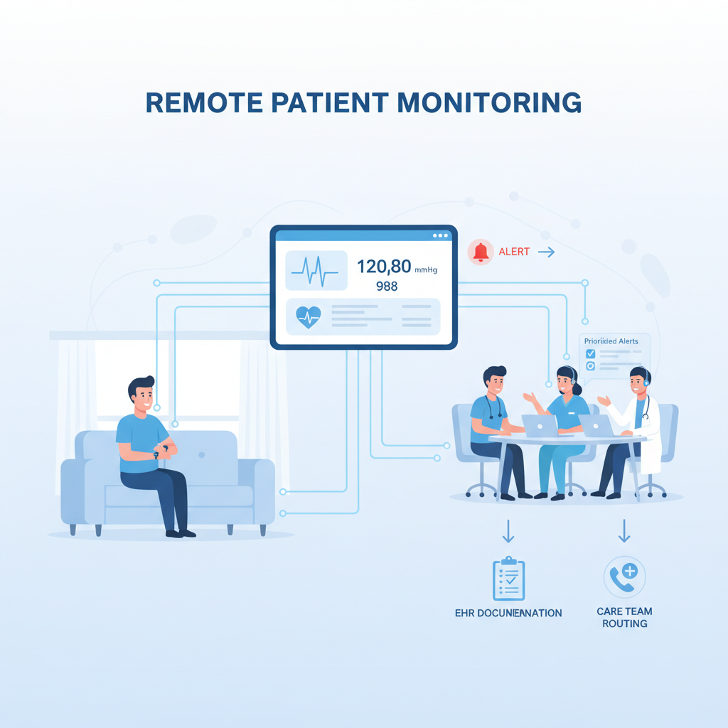 Remote patient monitoring workflow integration showing alert triage, care team routing, and EHR documentation