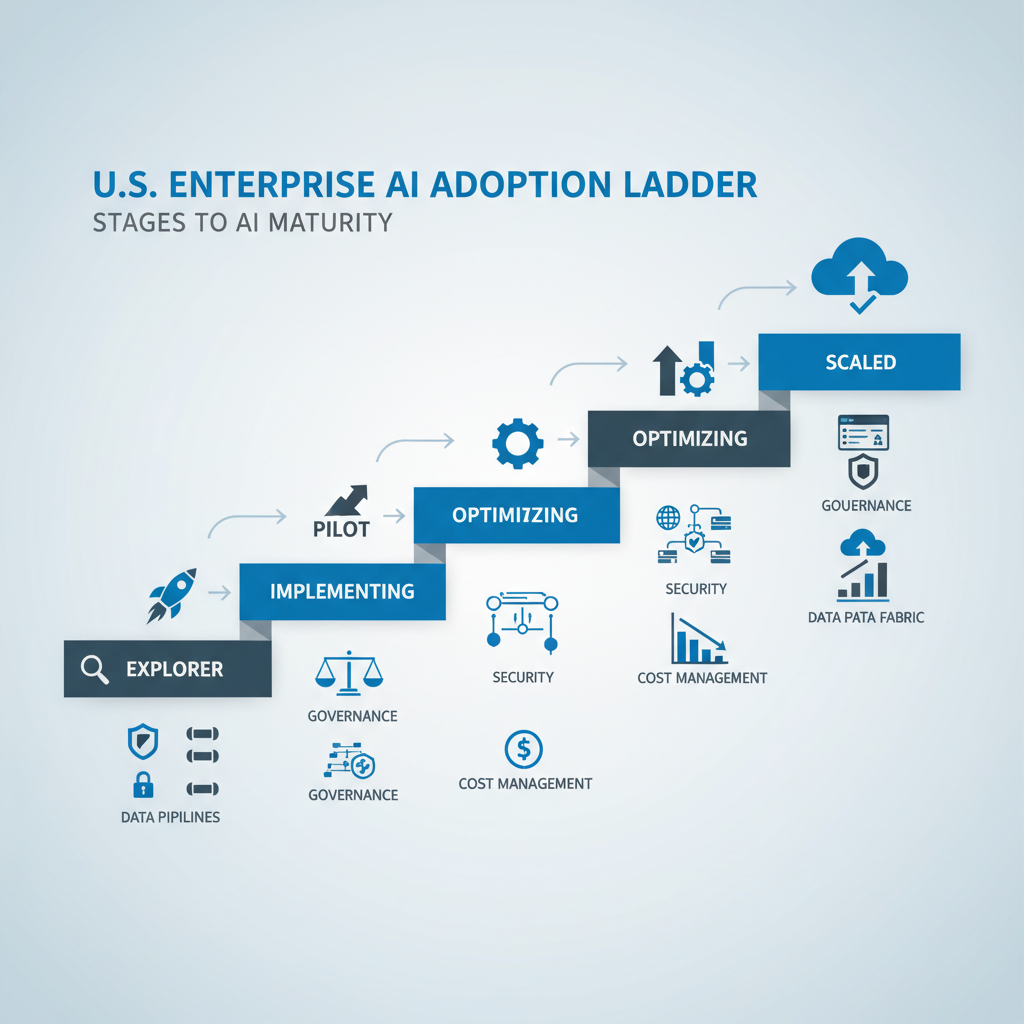 U.S. enterprise AI adoption ladder from pilots to scaled governance in 2026