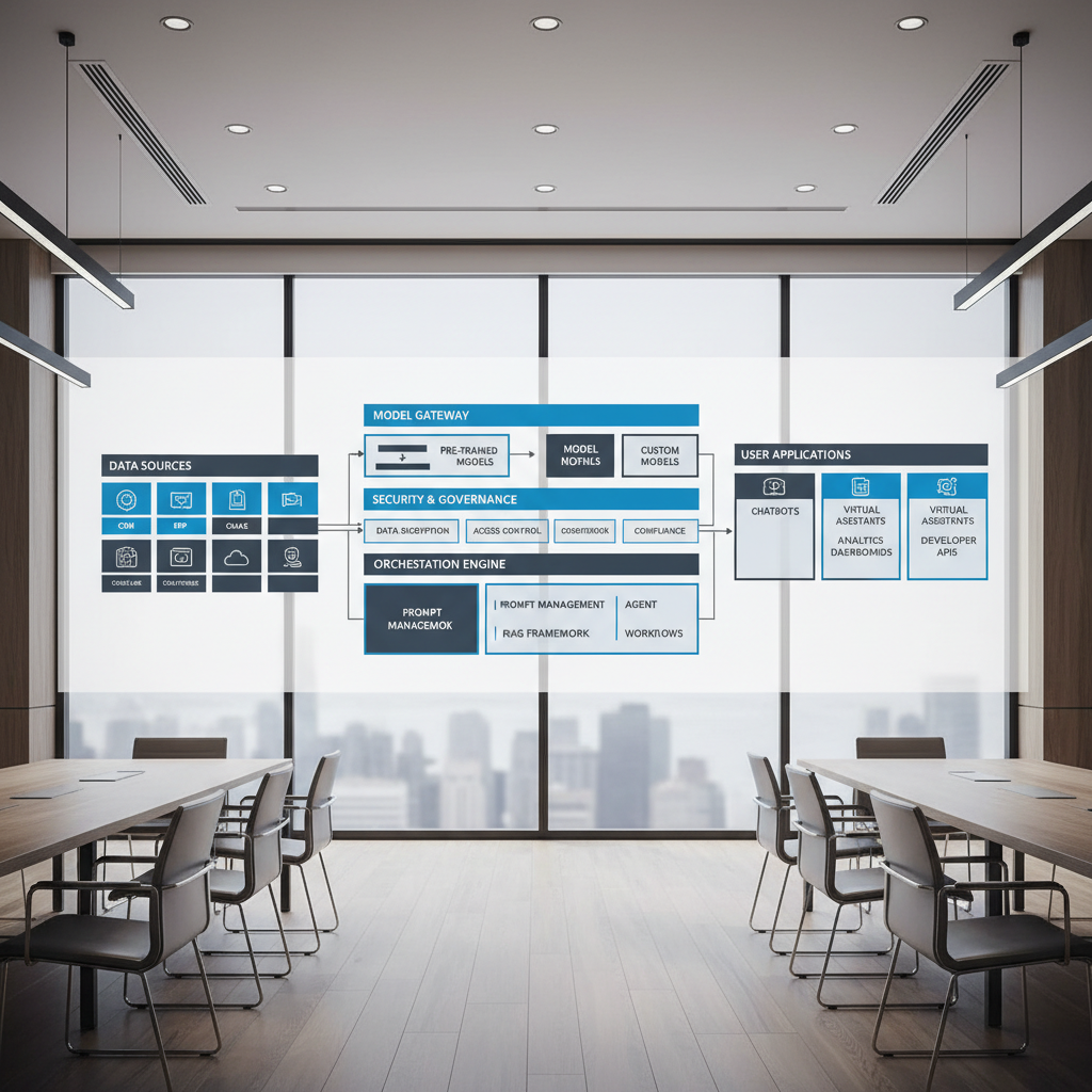 Enterprise generative AI platform architecture diagram on a wall display