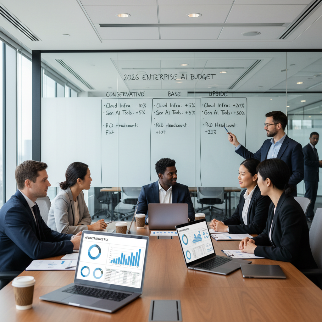 Enterprise AI budget planning meeting with scenario boards for 2026