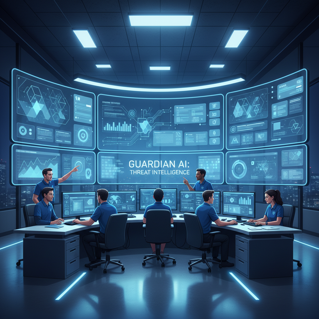 Security operations team reviewing AI-driven threat alerts on a modern SOC dashboard