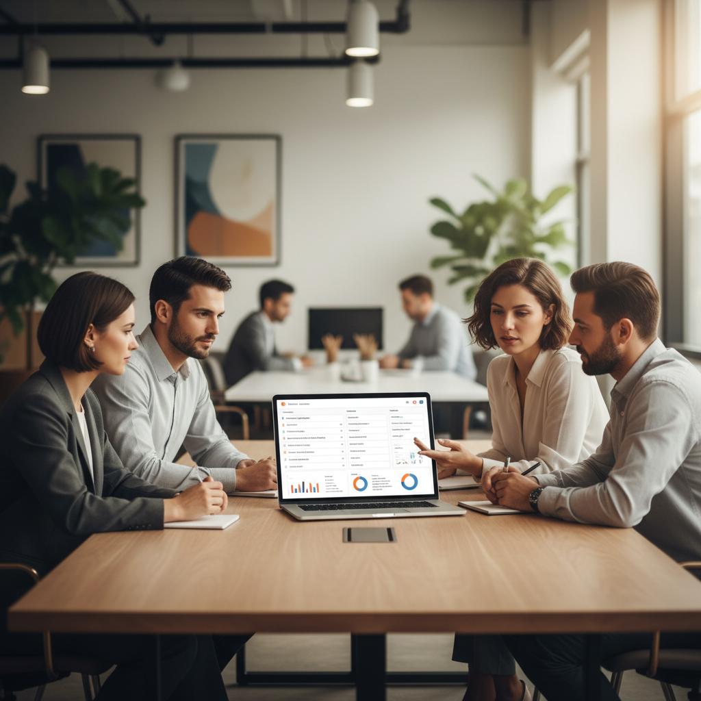 Marketing team using generative AI to create personalized campaign variants on a laptop dashboard