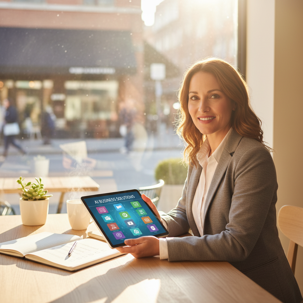 Small business owner choosing AI tools for small business on a tablet