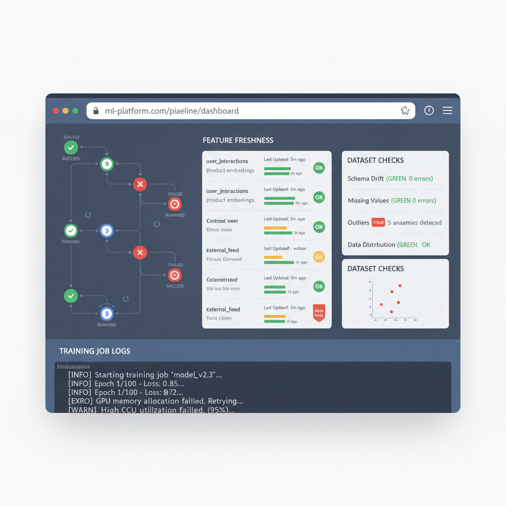 Data pipeline monitoring view with DAG runs, feature freshness, and training job status