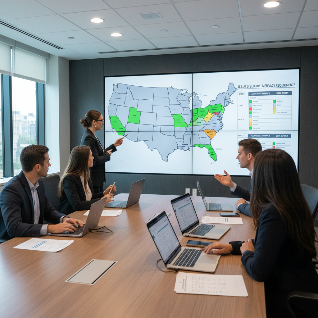 Compliance team comparing state AI rules and disclosure requirements