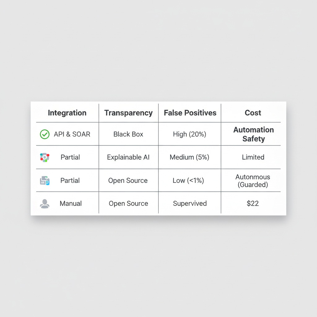 Evaluation scorecard for AI security tools comparing integration, transparency, and response automation