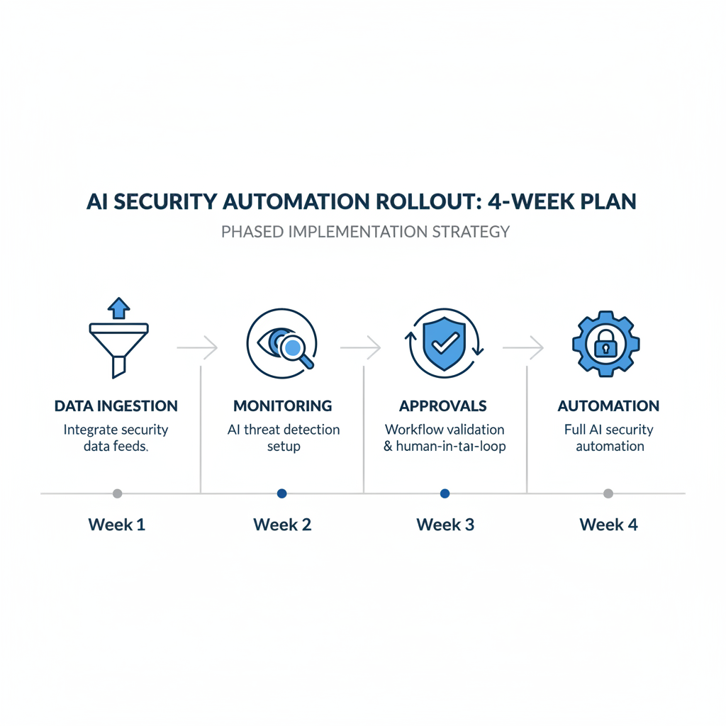 Phased rollout timeline for AI security automation with approvals and guardrails