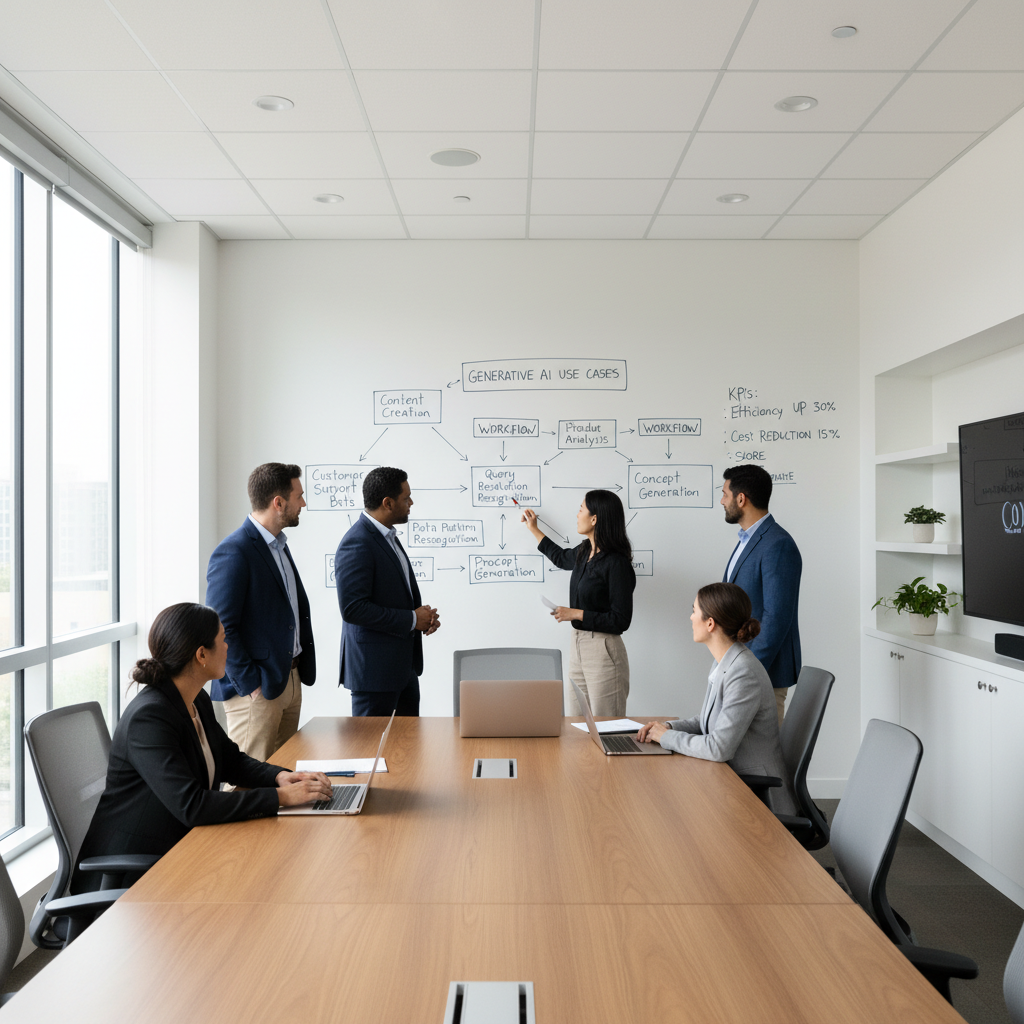 U.S. business team mapping generative AI use cases on a workflow whiteboard