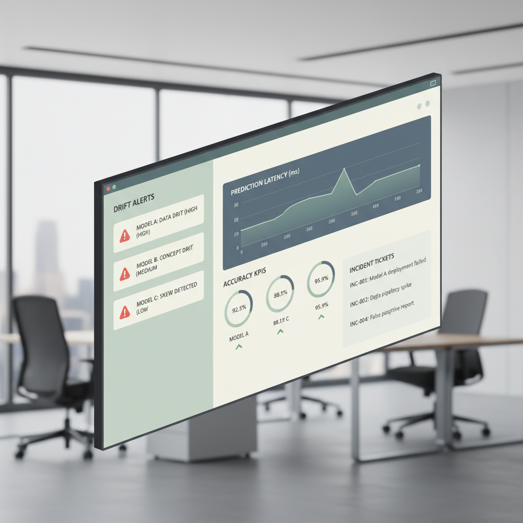 MLOps monitoring dashboard showing drift alerts, latency, and model accuracy KPIs