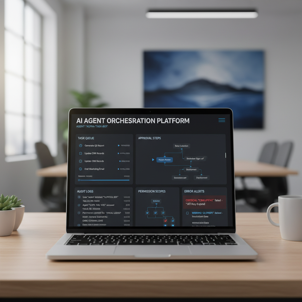 Enterprise agent orchestration dashboard showing approvals, logs, and tool permissions