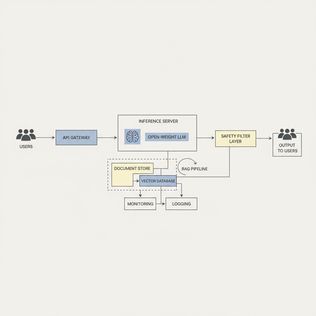 Architecture for open-weight model deployment with inference, RAG, and monitoring