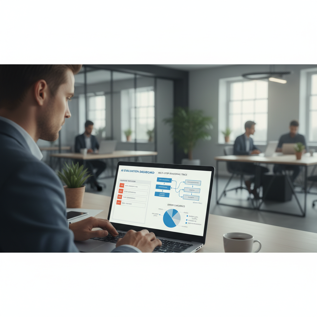 Analyst reviewing AI reasoning errors and constraint violations on a laptop dashboard