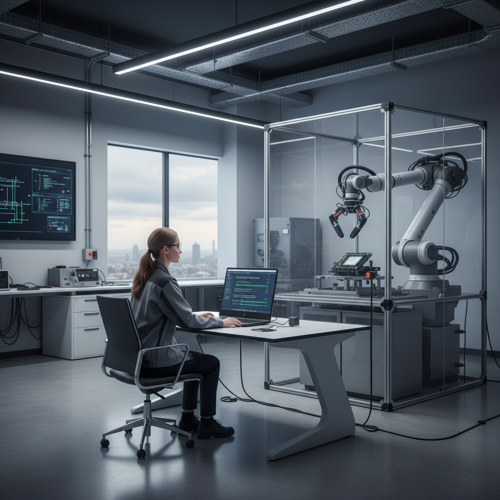 Engineer integrating OpenClaw gripper via API on laptop beside robot cell