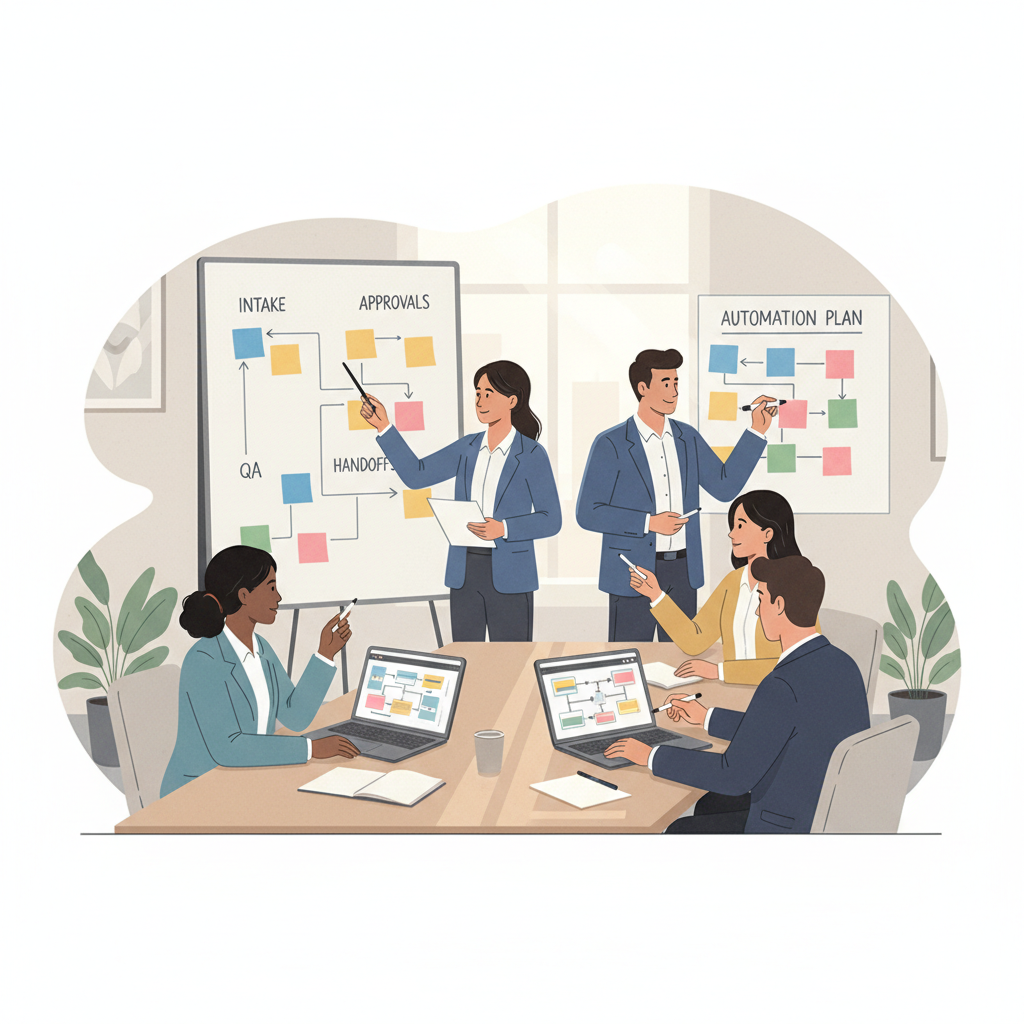 US business team mapping AI automation steps into existing workflows