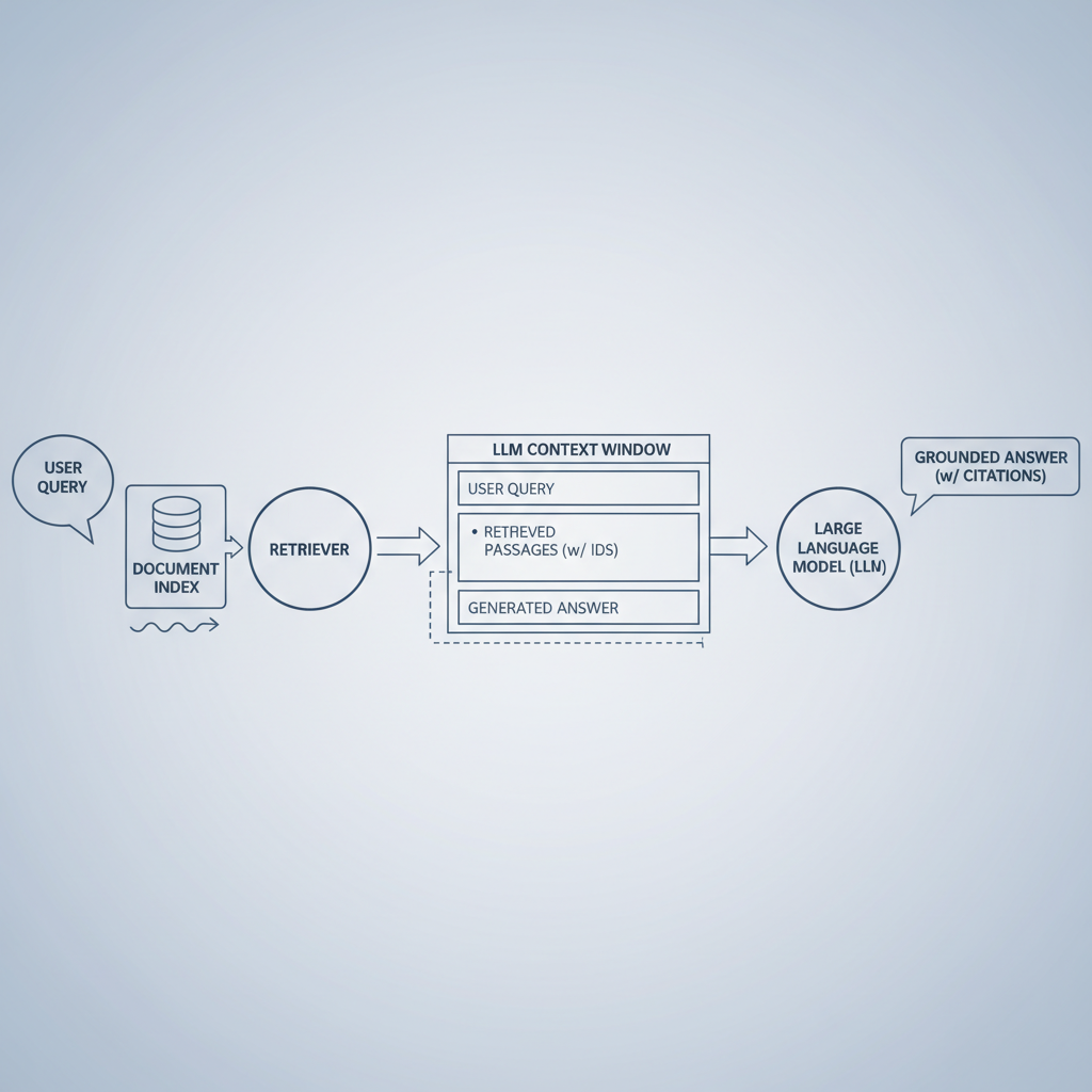 RAG architecture diagram showing retrieval, context injection, and grounded generation to reduce hallucinations