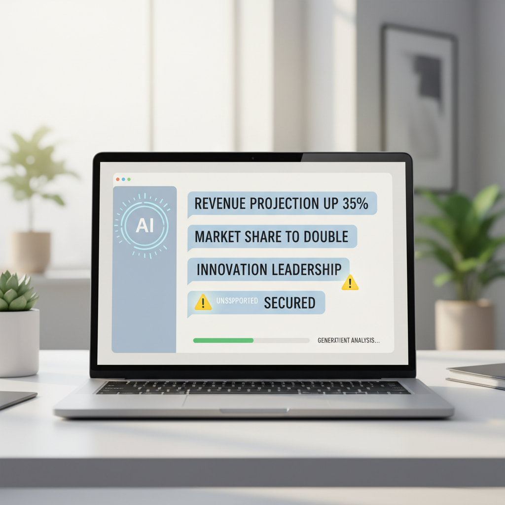 Illustration of an AI assistant generating plausible but incorrect facts in a business setting