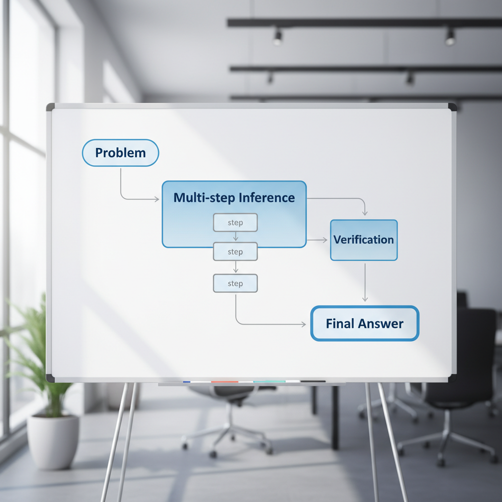 AI reasoning workflow diagram showing multi-step inference and verification
