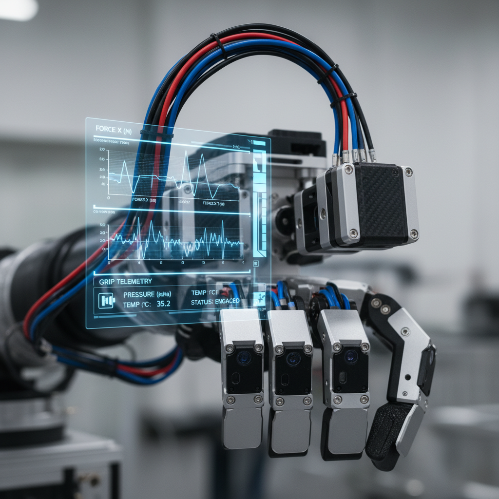 Close-up of smart robotic gripper sensors showing force feedback and grip telemetry