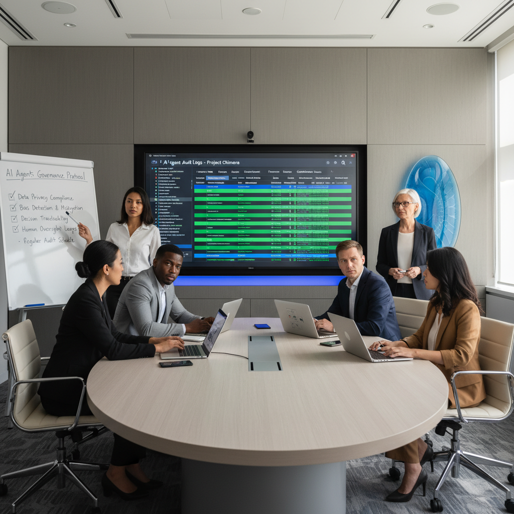 Team reviewing AI agent governance checklist and audit logs in a conference room