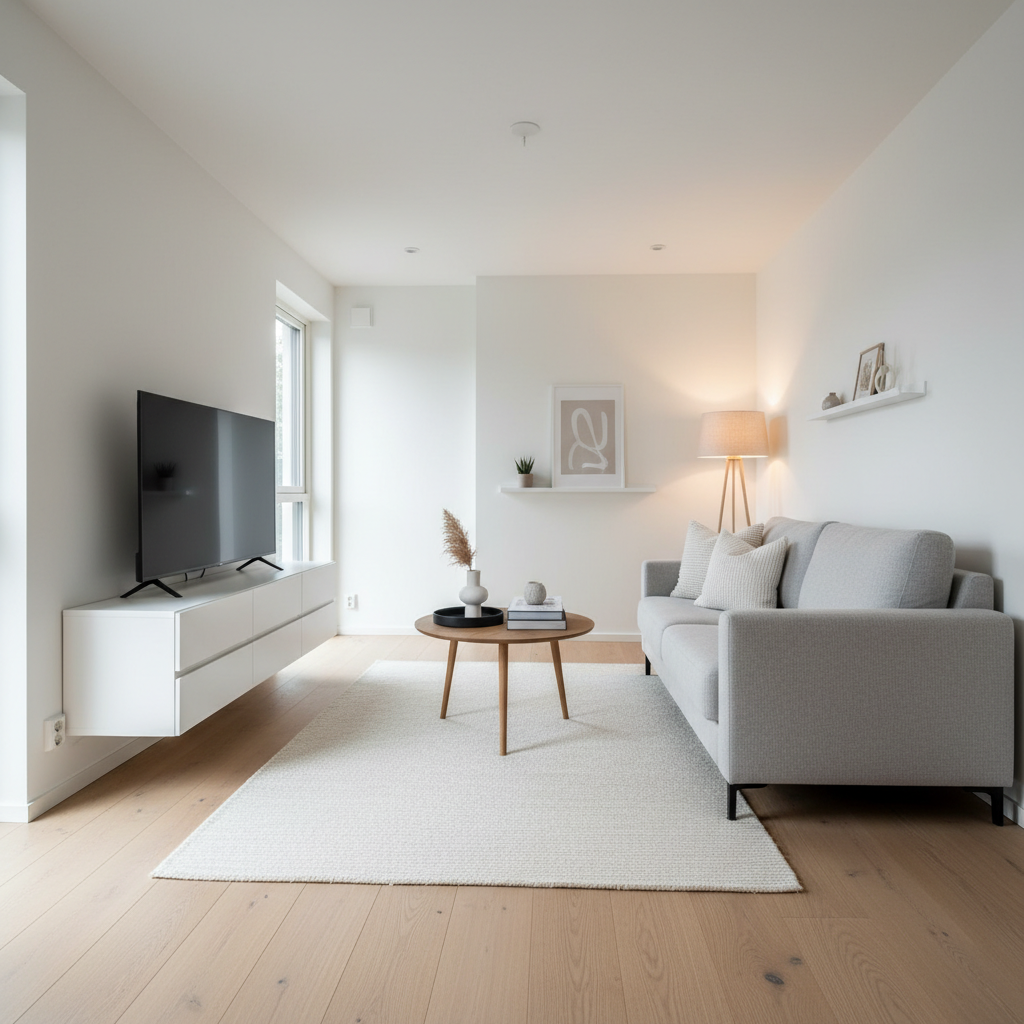 Modern minimalist small home decor with neutral palette and hidden storage