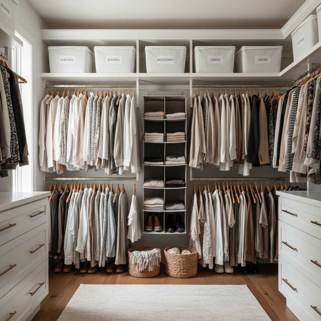 Organized bedroom closet with hanging shelves, slim hangers, and labeled storage bins