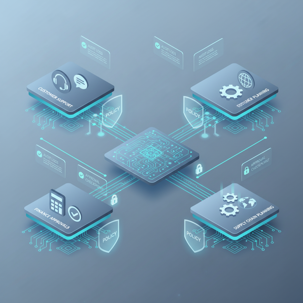 AI-driven platforms embedded into enterprise workflows with governance controls