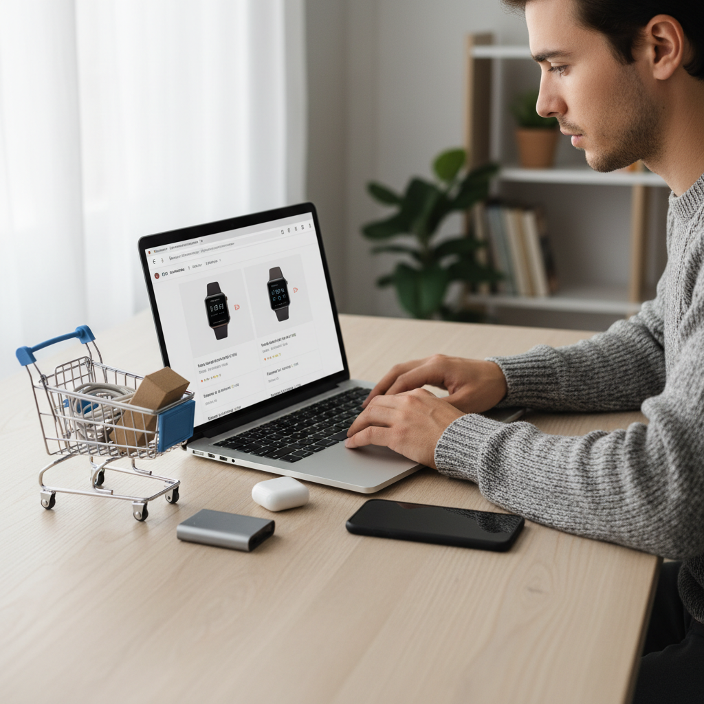 U.S. shopper comparing tech products on a laptop with a shopping cart and gadgets on a desk