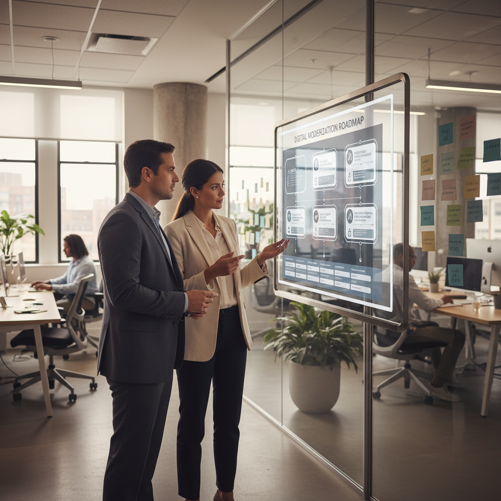 IT team reviewing business systems roadmap and modernization priorities